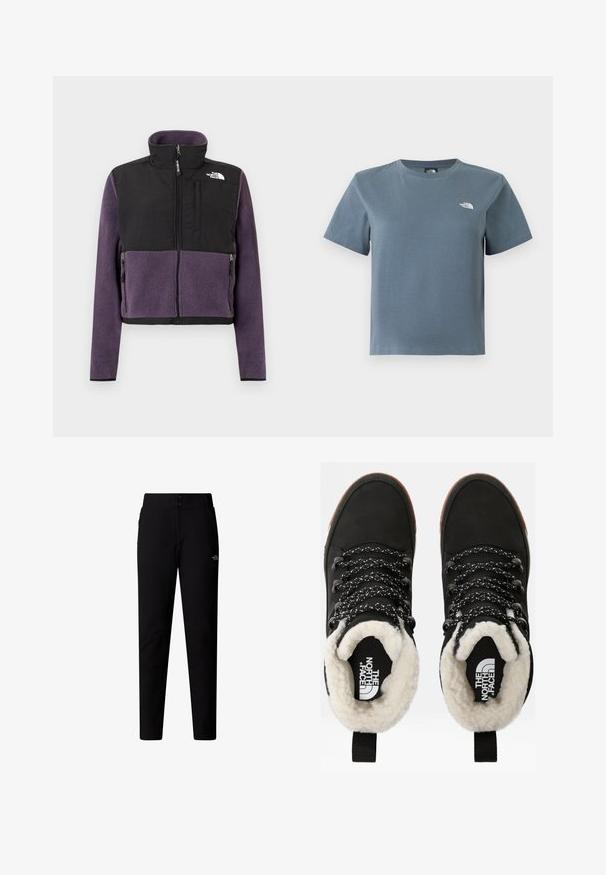 Fleecejakke med lilla nederste halvdel og sort øverste halvdel, lynlåslukning foran, høj krave og to sidelommer med lynlåse.; Kortærmet T-shirt med rund hals i gråblå farve og lille hvid The North Face-logo på venstre bryst, vist på en hvid baggrund.; The North Face W QUEST SOFTSHELL PANTS - Bukser - tnf black; Sorte vandtætte ankelstøvler med for af faux pels, tekstureret stof, snørebånd med hvidt og sort mønster samt en løkker ved hælen.