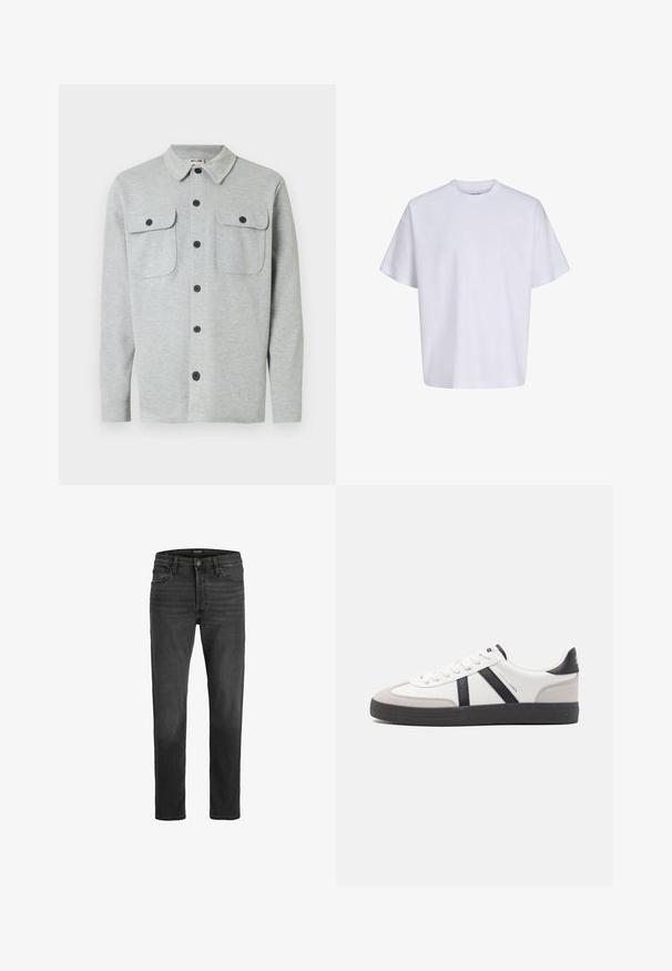 Hellgraues, langärmeliges Hemd mit Knöpfen, zwei Brusttaschen mit Knöpfen und klassischem Kragen, auf weißem Hintergrund dargestellt.; Schlichtes weißes oversized T-Shirt mit kurzen Ärmeln, Rundhalsausschnitt und lockerem Sitz vor weißem Hintergrund.; Schwarze Denim-Jeans mit geradem Schnitt, fünf Taschen-Design und Reißverschluss. Verfügt über subtile Ausbleichungen und kontrastierende Nähte.; Weiße Sneaker mit schwarz- und grau-aczenten, ausgestattet mit einer strukturierten grauen Zehenkappe, schwarzer Gummi-Sohle und flachen weißen Schnürsenkeln. Sauberes Design, minimalistische Stil.