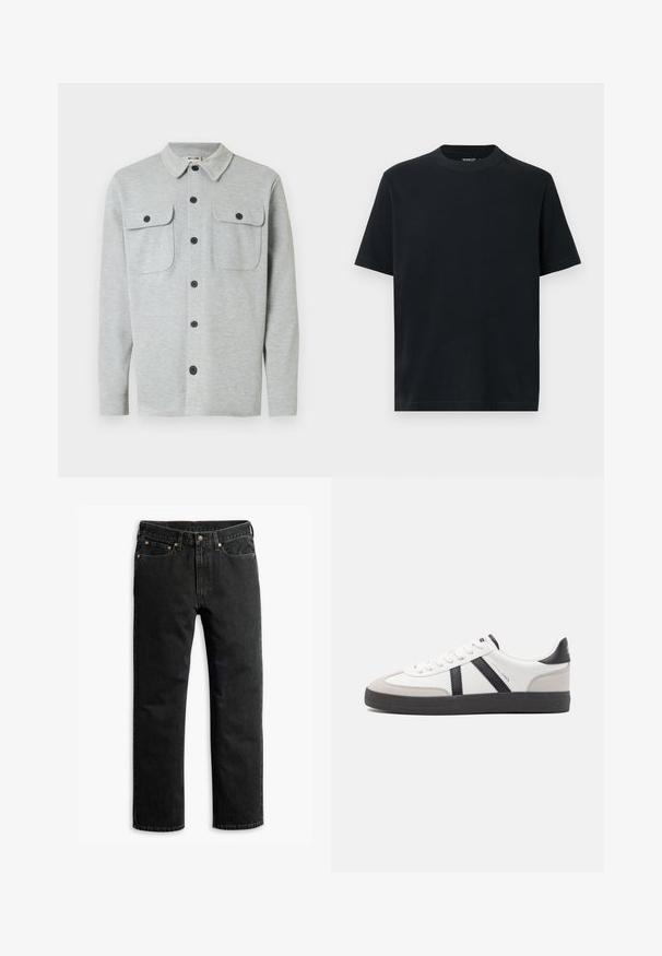 Hellgraues, langärmeliges Hemd mit Knöpfen, zwei Brusttaschen mit Knöpfen und klassischem Kragen, auf weißem Hintergrund dargestellt.; Schwarzes T-Shirt mit kurzen Ärmeln und rundem Halsausschnitt, hergestellt aus weicher Baumwolle. Schlichtes Design ohne Muster oder Verzierungen.; Schwarze Jeans im geraden Schnitt mit fünf Taschen, Gürtelschlaufen und einem Knopfverschluss an der Taille, flach auf einem weißen Hintergrund ausgelegt.; Weiße Sneaker mit schwarz- und grau-aczenten, ausgestattet mit einer strukturierten grauen Zehenkappe, schwarzer Gummi-Sohle und flachen weißen Schnürsenkeln. Sauberes Design, minimalistische Stil.