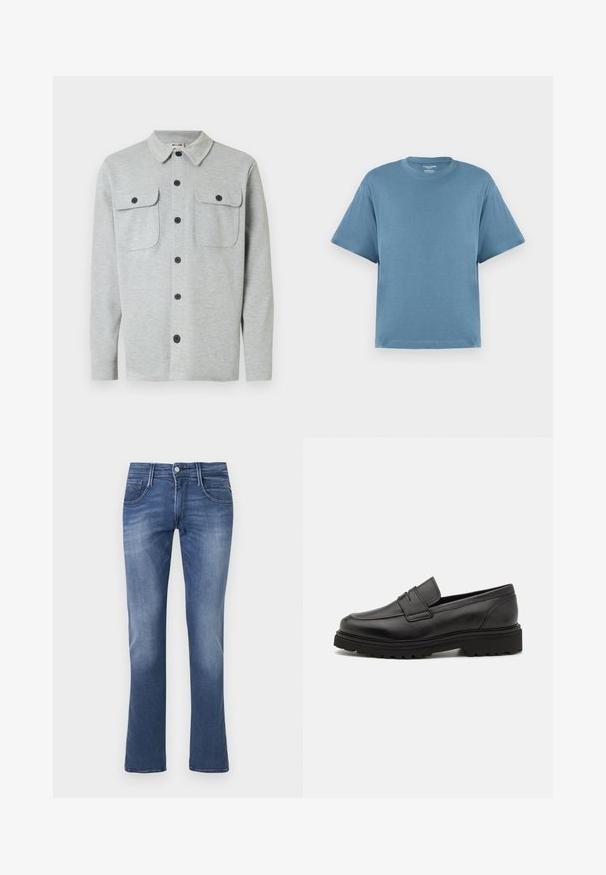 Lysegrå langærmet skjorte med knapper, to brystlommer med knapper og klassisk krave, vist på hvid baggrund.; Blå kortærmet t-shirt, lavet af bomuld, med rund hals og løs pasform. Glat tekstur, minimalistisk design, uden mønstre eller accenter.; Blå denim straight-leg jeans med frontknap, lynlås samt for- og baglommer på en hvid baggrund.; Sort læder loafersko med rund tå, syningsdetaljer og en tyk, struktureret sål. Har et elegant, minimalistisk design.