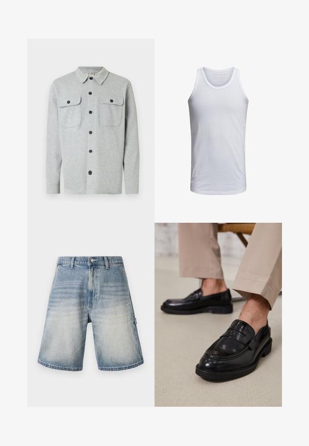 Lysegrå langærmet skjorte med knapper, to brystlommer med knapper og klassisk krave, vist på hvid baggrund.; Hvid bomulds tank top med rund halsudskæring, brede skulderstropper og minimal branding trykt indeni kraven. Blød tekstur, afslappet pasform.; Denimshorts med en falmet blå farve, løs pasform og lige snit. Har fem lommer og bæltestropper med et subtilt slidtegn.; Sorte lædermokkasiner med en glat overflade, der har en dekorativ rem og kontraststing, parret med beige bukser.