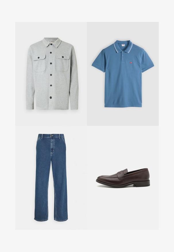 Lichtgrijs overhemd met lange mouwen, knoopsluiting, twee borstzakken met knoop en een klassiek kraag, getoond tegen een witte achtergrond.; Blauw polohemd met korte mouwen en drie knopen, gestreepte kraag en klein rood Levi's-logo op de borst tegen een effen achtergrond.; Blauwe spijkerbroek met een rechte snit, vijf-pocket ontwerp, metalen knoopsluiting en zichtbare stiksels langs de naden en de zoom.; Bruine leren loafers met een gladde afwerking, gestikte details op de neus en een lage stapelhak. Minimalistisch ontwerp zonder zichtbare branding.