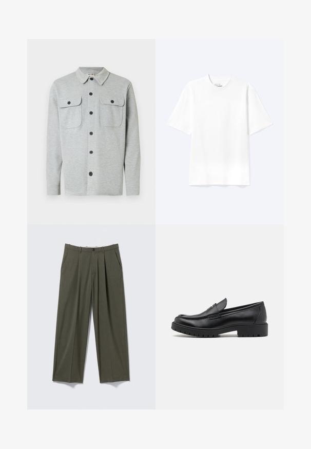 Chemise gris clair à manches longues avec boutons, deux poches poitrine à boutons et un col classique, affichée sur un fond blanc.; T-shirt blanc uni à manches courtes et col rond avec une coupe décontractée, présenté sur un fond clair.; Pantalon droit vert olive avec plis devant, poches latérales, passants de ceinture et fermeture par bouton à la taille.; Mocassins en cuir noir avec un bout arrondi, un design à enfiler et une semelle en caoutchouc épaisse avec une texture antidérapante. Talon surélevé et détails de surpiqûre subtils.