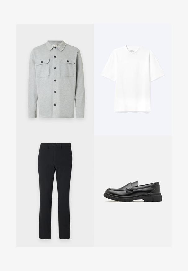 Chemise gris clair à manches longues avec boutons, deux poches poitrine à boutons et un col classique, affichée sur un fond blanc.; T-shirt blanc uni à manches courtes et col rond avec une coupe décontractée, présenté sur un fond clair.; Pantalons noirs à jambe droite en tissu lisse. Présentent une fermeture à bouton sur le devant, des passants de ceinture et deux poches latérales.; Mocassin en cuir noir avec une large sangle sur le devant, semelle en caoutchouc à épaisse rainure, et texture lisse. Design classique et élégant.