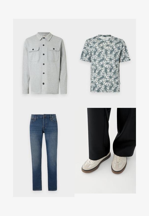 Hellgraues, langärmeliges Hemd mit Knöpfen, zwei Brusttaschen mit Knöpfen und klassischem Kragen, auf weißem Hintergrund dargestellt.; Kurzärmliges T-Shirt in Tealfarbe mit einem weißen Blumenmuster. Hergestellt aus leichtem Stoff mit einer lässigen Passform.; Schmal geschnittene blaue Jeans mit leichtem Verblassen an den Oberschenkeln, Fünf-Taschen-Design, Knopfverschluss und geradem Beinanschnitt auf einem weißen Hintergrund.; Füße mit beigen Sneakers mit braunen Sohlen und schwarzen Hosen mit weitem Bein auf weißem Hintergrund.