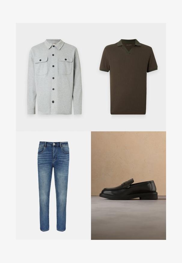 Lichtgrijs overhemd met lange mouwen, knoopsluiting, twee borstzakken met knoop en een klassiek kraag, getoond tegen een witte achtergrond.; Kortärmelig bruin geribd gebreid poloshirt met donkergroene kraag en mouwboorden, V-hals, platliggend op een witte achtergrond.; Blauwe straight-leg spijkerbroek met knoop- en ritssluiting aan de voorkant, riemlussen en voor- en achterzakken.; Zwarte leren loafer die boven een beige geweven kleed zweeft, met een houten ronde tafel en een bank op de achtergrond.