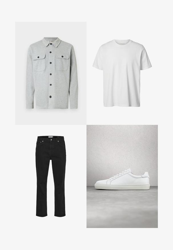 Camisa de manga larga de color gris claro con dos bolsillos en el pecho con botones y cuello clásico, mostrada sobre un fondo blanco.; Camiseta blanca lisa de manga corta con cuello redondo, corte holgado y sin logos o diseños visibles en el frente.; Vaqueros negros de corte recto con botón de metal y remaches, con bolsillos delanteros y traseros, mostrados sobre un fondo blanco.; Zapatilla blanca con parte superior de cuero liso y perfil bajo. Presenta una puntera redondeada, seis ojales y una suela de goma texturizada.