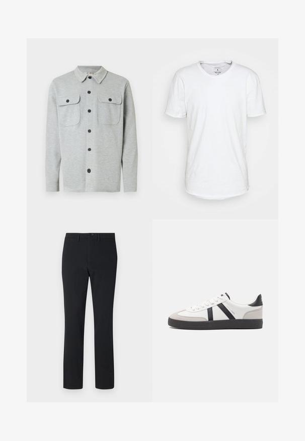 Chemise gris clair à manches longues avec boutons, deux poches poitrine à boutons et un col classique, affichée sur un fond blanc.; T-shirt blanc à manches courtes en coton avec un col ras du cou classique. Présente un ourlet légèrement incurvé et des détails de couture minimalistes.; Pantalons noirs à jambe droite en tissu lisse. Présentent une fermeture à bouton sur le devant, des passants de ceinture et deux poches latérales.; Baskets blanches avec des accents noirs et gris, présentant un embout texturé gris, une semelle en caoutchouc noir et des lacets plats blancs. Design épuré, style minimaliste.