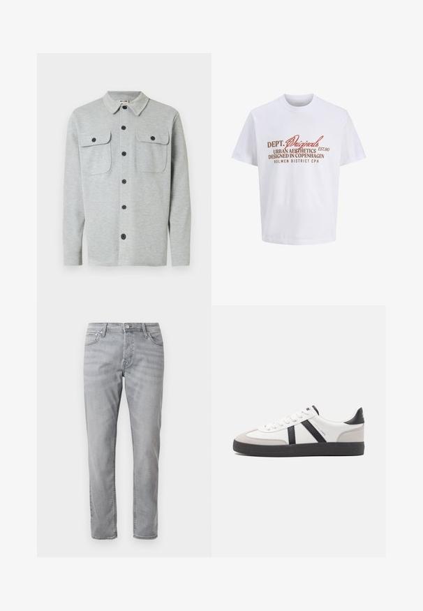 Lysegrå langærmet skjorte med knapper, to brystlommer med knapper og klassisk krave, vist på hvid baggrund.; Hvid kortærmet t-shirt med brun og rustfarvet tekst, der lyder "DEPT. Originals Urban Aesthetics Designed in Copenhagen Holmen District CPH."; Lys grå lige ben jeans med lynlås foran, for- og baglommer samt bæltestropper, vist på en hvid baggrund.; Hvide sneakers med sorte og grå detaljer, med en tekstureret grå tåhætte, sort gummisål og flade hvide snørebånd. Rent design, minimalistisk stil.