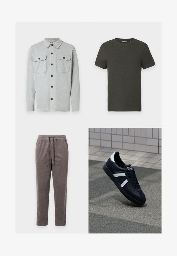 Chemise gris clair à manches longues avec boutons, deux poches poitrine à boutons et un col classique, affichée sur un fond blanc.; T-shirt à manches courtes vert foncé avec un col rond, fabriqué en tissu côtelé ; présente un design simple et minimaliste sans motifs.; Pantalons en velours côtelé couleur taupe douce, avec une taille élastique munie d'un cordon de serrage et des jambes fuselées avec une texture côtelée verticale.; Sneaker en cuir noir avec des rayures blanches, semelle en caoutchouc texturée et devant à lacets. Présente une étiquette de marque sur la languette.