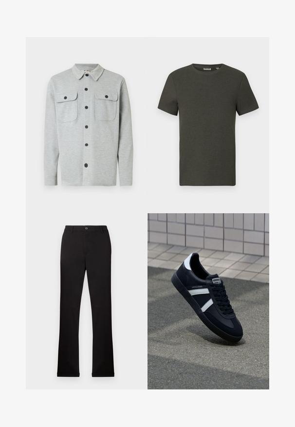 Chemise gris clair à manches longues avec boutons, deux poches poitrine à boutons et un col classique, affichée sur un fond blanc.; T-shirt à manches courtes vert foncé avec un col rond, fabriqué en tissu côtelé ; présente un design simple et minimaliste sans motifs.; Pantalons en coton noir avec des jambes droites, une fermeture à bouton et fermeture éclair, et des poches latérales. Texture lisse, sans motifs ni accents visibles.; Sneaker en cuir noir avec des rayures blanches, semelle en caoutchouc texturée et devant à lacets. Présente une étiquette de marque sur la languette.