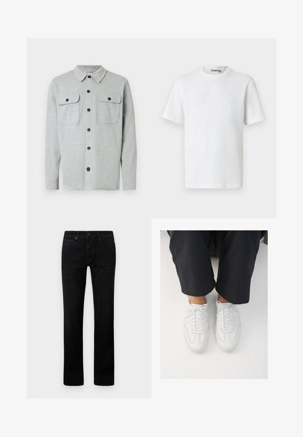 Hellgraues, langärmeliges Hemd mit Knöpfen, zwei Brusttaschen mit Knöpfen und klassischem Kragen, auf weißem Hintergrund dargestellt.; Weißes, kurzärmeliges T-Shirt mit Waffelstrick und Rundhalsausschnitt, mit kleinem Markenetikett im Kragen, auf einfarbigem Hintergrund präsentiert.; Schwarze Jeans aus Denim mit geradem Schnitt. Mit Reißverschluss, fünf Taschen und minimalen Abzeichnungen auf dem Stoff.; Weiße Ledersneaker mit glatter Textur, runder Zehenform und klassischem Schnürsystem, platziert über dunklen, locker sitzenden Hosen.