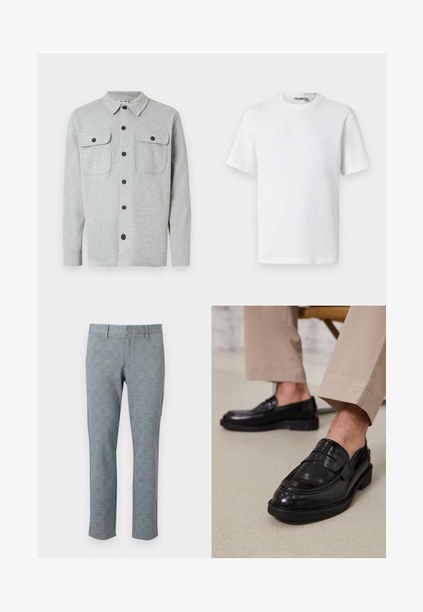 Chemise gris clair à manches longues avec boutons, deux poches poitrine à boutons et un col classique, affichée sur un fond blanc.; T-shirt blanc à manches courtes en maille gaufrée avec col rond, petite étiquette de marque à l'intérieur du col, présenté sur un fond uni.; Pantalon gris texturé avec un motif à carreaux subtil. Doté d'une fermeture à bouton et d'une coupe droite, fabriqué en tissu léger.; Mocassins en cuir noir avec une finition lisse, ornés d'une sangle décorative et de coutures contrastées, associés à un pantalon beige.