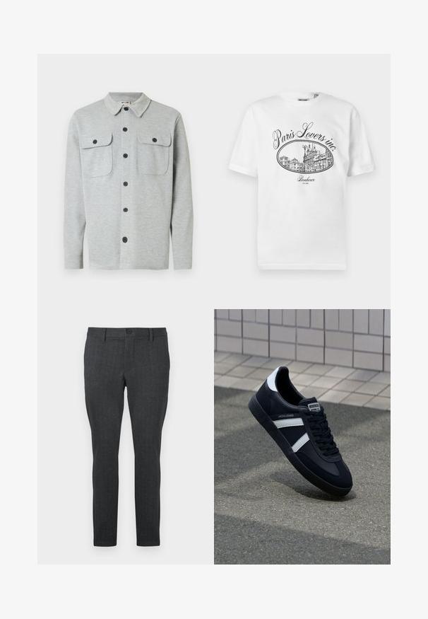 Chemise gris clair à manches longues avec boutons, deux poches poitrine à boutons et un col classique, affichée sur un fond blanc.; T-shirt en coton blanc avec une illustration noire représentant un paysage urbain parisien, accompagné du texte "Paris Lovers inc." et "Bonheur EST.1992."; Pantalon gris foncé avec un motif texturé, coupe slim, taille standard avec un bouton unique, et jambes droites, conçu pour un look moderne.; Sneaker en cuir noir avec des rayures blanches, semelle en caoutchouc texturée et devant à lacets. Présente une étiquette de marque sur la languette.