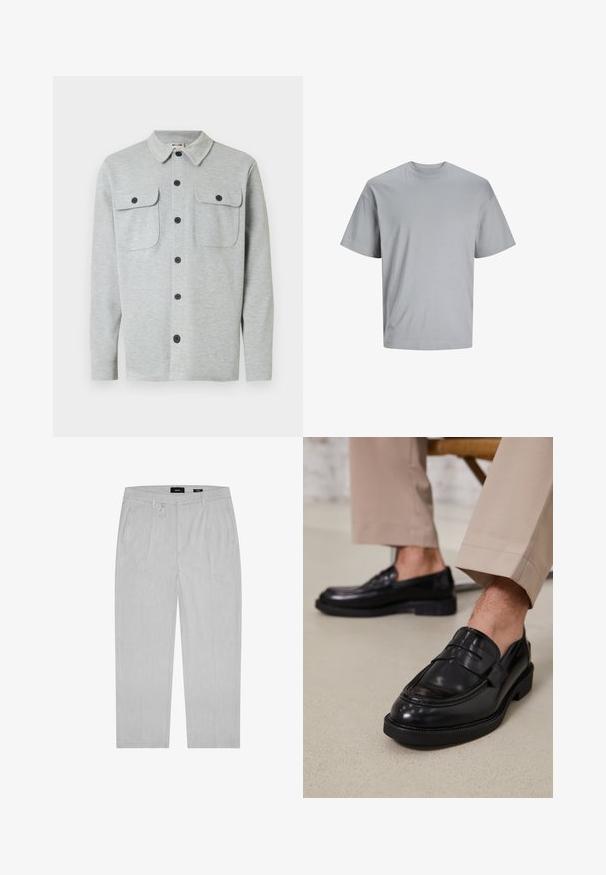 Chemise gris clair à manches longues avec boutons, deux poches poitrine à boutons et un col classique, affichée sur un fond blanc.; T-shirt gris clair à manches courtes en tissu coton doux, avec un col rond et une coupe décontractée, sans motifs ni logos visibles.; Pantalon gris clair avec une texture subtile, présentant des plis à l'avant, des poches latérales et des passants de ceinture. Design à jambes droites, style minimaliste.; Mocassins en cuir noir avec une finition lisse, ornés d'une sangle décorative et de coutures contrastées, associés à un pantalon beige.