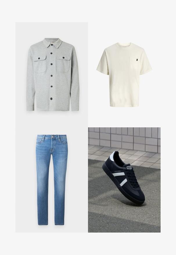 Lysegrå langærmet skjorte med knapper, to brystlommer med knapper og klassisk krave, vist på hvid baggrund.; Hvid bomuld t-shirt med korte ærmer, rund hals, brystlomme foran og et lille mærke i siden. Glat tekstur og afslappet pasform.; Lyseblå denim jeans med straight-leg snit, der har knap- og lynlåslukning, fem lommer og subtil falming.; Sort lædersneaker med hvide striber, tekstureret gummisål og snørrebånd foran. Har et brandet mærke på tungen.