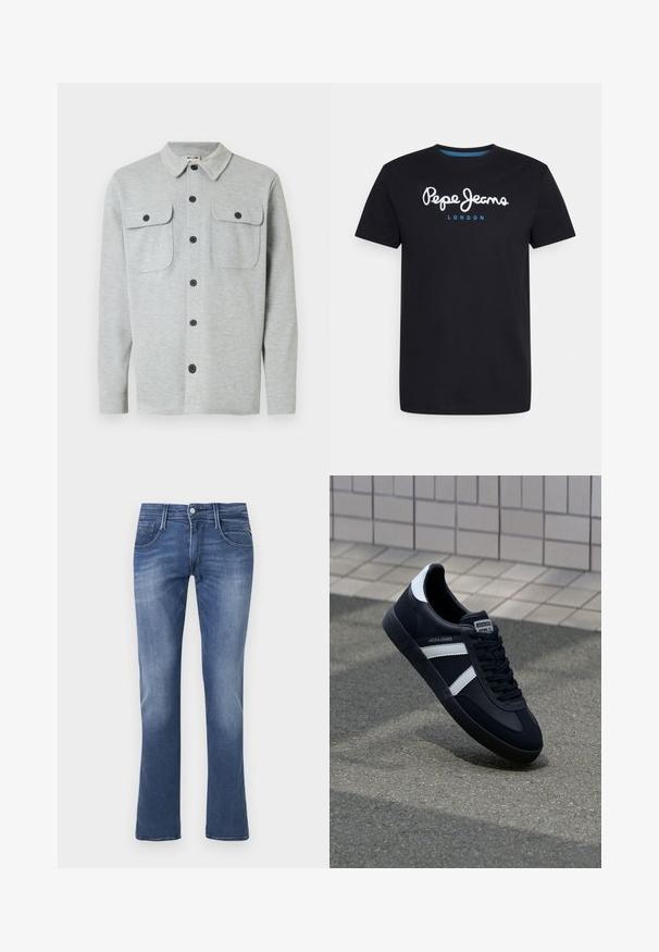 Lysegrå langærmet skjorte med knapper, to brystlommer med knapper og klassisk krave, vist på hvid baggrund.; Sort bomulds T-shirt med et hvidt skriftskriftlogo "Pepe Jeans" med en blå accent, rund hals og korte ærmer. Enkel, ensfarvet design.; Blå denim straight-leg jeans med frontknap, lynlås samt for- og baglommer på en hvid baggrund.; Sort lædersneaker med hvide striber, tekstureret gummisål og snørrebånd foran. Har et brandet mærke på tungen.