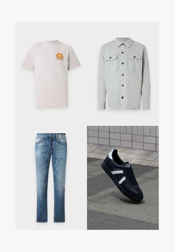 Hellgraues, langärmeliges Hemd mit Knöpfen, zwei Brusttaschen mit Knöpfen und klassischem Kragen, auf weißem Hintergrund dargestellt.; Hellgraues Baumwoll-T-Shirt mit Rundhalsausschnitt, das ein farbenfrohes "Lone Château Replay"-Grafikdesign in Orange und Blau auf der Brust zeigt.; Blaue gerade geschnittene Jeans mit ausgewaschenen Details, vorderem Knopf und Taschen, vor einem schlichten weißen Hintergrund präsentiert.; Schwarze Leder-Sneaker mit weißen Streifen, strukturiertem Gummisohle und Schnürung. Verfügt über ein Markenetikett auf der Zunge.