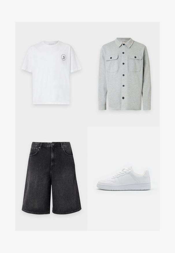 Hellgraues, langärmeliges Hemd mit Knöpfen, zwei Brusttaschen mit Knöpfen und klassischem Kragen, auf weißem Hintergrund dargestellt.; Weißes Baumwoll-T-Shirt mit Rundhalsausschnitt, kurzen Ärmeln und einem runden schwarzen Grafikdesign mit einer Figur auf der linken Brustseite.; Schwarze Jeans-Shorts mit einem weit geschnittenen, geraden Schnitt, mit einem Frontknopfverschluss und fünf Taschen. Weiche Textur mit einem verwehten Finish.; Weiße Sneaker aus glattem Synthetikmaterial, ausgestattet mit flachen Schnürsenkeln, perforierter Zehenpartie und einer gummierten Sohle mit einem strukturierten Grip-Muster.
