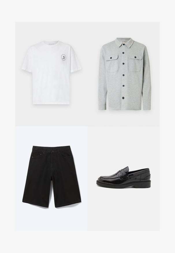 Hellgraues, langärmeliges Hemd mit Knöpfen, zwei Brusttaschen mit Knöpfen und klassischem Kragen, auf weißem Hintergrund dargestellt.; Weißes Baumwoll-T-Shirt mit Rundhalsausschnitt, kurzen Ärmeln und einem runden schwarzen Grafikdesign mit einer Figur auf der linken Brustseite.; Schwarze knielange Jeansshorts mit Frontknopf, Gürtelschlaufen und fünf Taschen, dargestellt vor weißem Hintergrund.; Schwarze Lederloafers mit glatter Oberfläche, abgerundetem Zehenbereich, niedrigem Absatz und dekorativer Naht entlang der Vorderseite. Gummisohle für guten Halt.