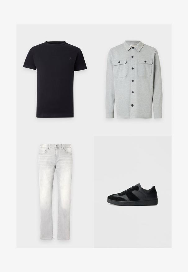 Lichtgrijs overhemd met lange mouwen, knoopsluiting, twee borstzakken met knoop en een klassiek kraag, getoond tegen een witte achtergrond.; Zwarte short-sleeve crew neck t-shirt met klein geborduurd logo op de linkerborst, eenvoudig ontwerp, ontspannen pasvorm.; Lichtgrijze denim jeans met een recht model, subtiele vervaging, achterzakken en een enkele achterzak. Klassieke knoop- en ritssluiting.; Zwarte sneakers met een mix van glad leer en suède, een gestructureerde zwarte rubberen zool en subtiele streepdetails.