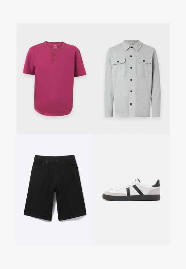 Camisa de manga larga de color gris claro con dos bolsillos en el pecho con botones y cuello clásico, mostrada sobre un fondo blanco.; Camiseta henley de manga corta en un vibrante color magenta. Presenta un cuello redondo, tapeta de tres botones y un dobladillo ligeramente curvado. Textura suave.; Pantalones cortos vaqueros negros hasta la rodilla con botón frontal, trabillas para cinturón y cinco bolsillos, mostrados sobre un fondo blanco.; Zapatilla blanca con acentos en negro y gris, que presenta una puntera texturizada en gris, suela de goma negra y cordones planos blancos. Diseño limpio, estilo minimalista.
