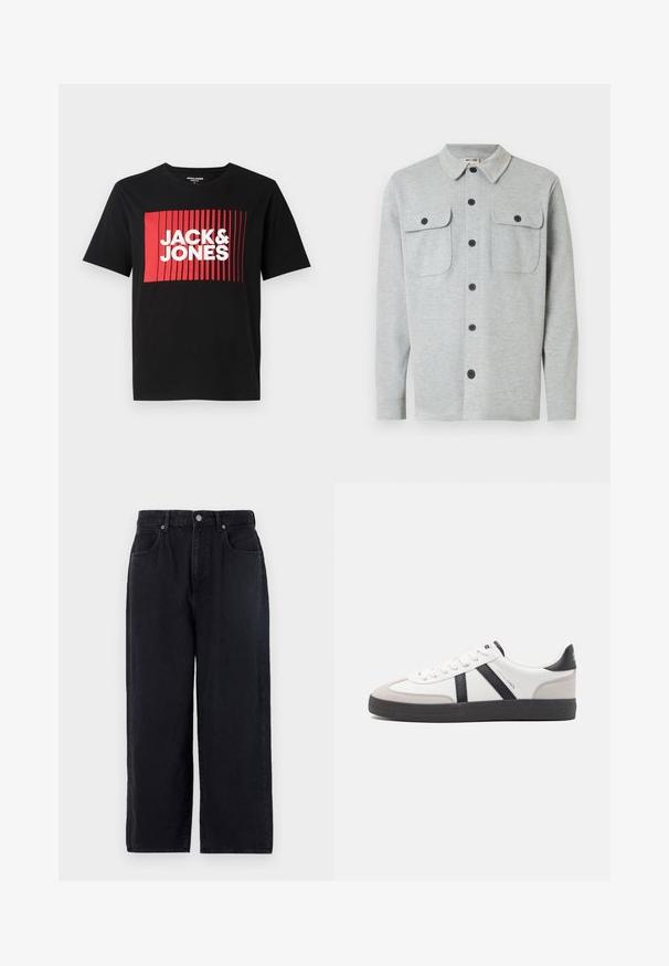 Hellgraues, langärmeliges Hemd mit Knöpfen, zwei Brusttaschen mit Knöpfen und klassischem Kragen, auf weißem Hintergrund dargestellt.; Schwarzes T-Shirt mit kurzen Ärmeln, das ein rotes rechteckiges grafisches Design mit vertikalen Linien und dem Text "JACK & JONES" in Weiß zeigt.; Schwarze Denim-Hosen mit geradem Bein, ausgestattet mit fünf Taschen, einem Knopfverschluss und einem schlichten Finish. Strapazierfähiger Stoff mit matter Textur.; Weiße Sneaker mit schwarz- und grau-aczenten, ausgestattet mit einer strukturierten grauen Zehenkappe, schwarzer Gummi-Sohle und flachen weißen Schnürsenkeln. Sauberes Design, minimalistische Stil.