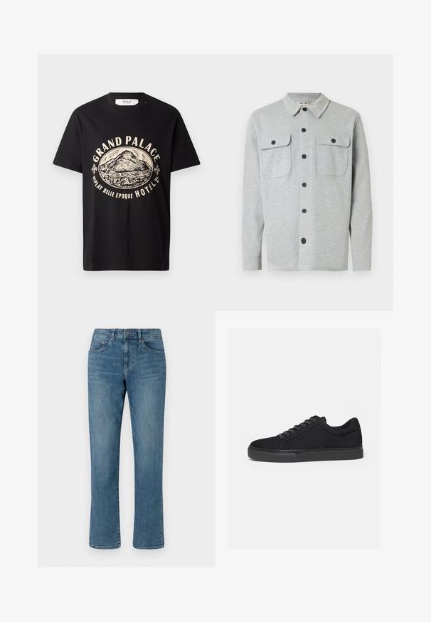 Lichtgrijs overhemd met lange mouwen, knoopsluiting, twee borstzakken met knoop en een klassiek kraag, getoond tegen een witte achtergrond.; Zwart katoenen t-shirt met een beige grafische print van een berg en de tekst "Grand Palace Replay Belle Epoque Hotel." Eenvoudig ontwerp met ronde hals.; Lichtblauwe denim jeans met een rechte pijpdesign, een standaard tailleband en zichtbare stiksels. Beschikt over vijf zakken en een ritssluiting.; Zwarte lage sneaker met veterluiting aan de voorkant en platte rubberen zool, zijaanzicht op een witte achtergrond.