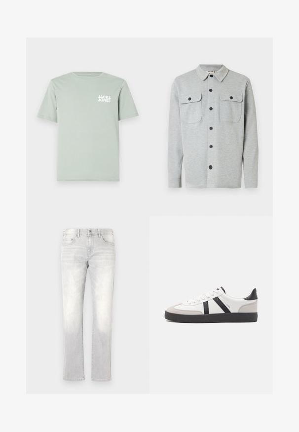 Hellgraues, langärmeliges Hemd mit Knöpfen, zwei Brusttaschen mit Knöpfen und klassischem Kragen, auf weißem Hintergrund dargestellt.; Hellgrünes Baumwoll-T-Shirt mit Rundhalsausschnitt und kurzen Ärmeln. Mit einem weißen Logo "JACK & JONES", das auf der linken Brust gedruckt ist.; Helle graue Denim-Jeans mit geradem Schnitt, subtiler Ausbleichung, Fronttaschen und einer einzelnen Gesäßtasche. Klassischer Knopf- und Reißverschluss.; Weiße Sneaker mit schwarz- und grau-aczenten, ausgestattet mit einer strukturierten grauen Zehenkappe, schwarzer Gummi-Sohle und flachen weißen Schnürsenkeln. Sauberes Design, minimalistische Stil.