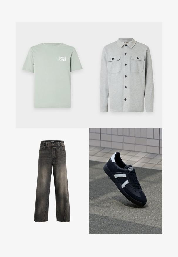 Lysegrå langærmet skjorte med knapper, to brystlommer med knapper og klassisk krave, vist på hvid baggrund.; Lys grøn t-shirt i bomuld med rund halsudskæring og korte ærmer. Har et hvidt logo "JACK & JONES" trykt på venstre bryst.; Højtaljede, vide sorte slidte jeans med knap- og lynlåslukning foran samt almindelige frontlommer.; Sort lædersneaker med hvide striber, tekstureret gummisål og snørrebånd foran. Har et brandet mærke på tungen.