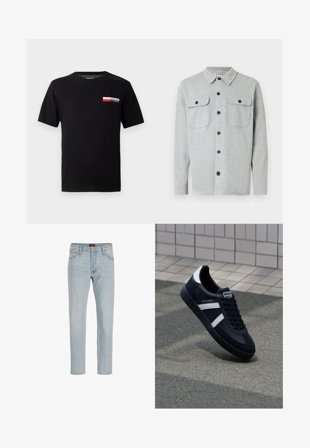 Hellgraues, langärmeliges Hemd mit Knöpfen, zwei Brusttaschen mit Knöpfen und klassischem Kragen, auf weißem Hintergrund dargestellt.; Schwarzes Baumwoll-T-Shirt mit einem kleinen Logodesign und einem rechteckigen Farbbereich in Rot und Weiß im linken Brustbereich.; Helle blaue Jeans aus Denim mit geradem Schnitt, Fünf-Taschen-Design, Knopfverschluss und leicht verwaschenem Muster.; Schwarze Leder-Sneaker mit weißen Streifen, strukturiertem Gummisohle und Schnürung. Verfügt über ein Markenetikett auf der Zunge.