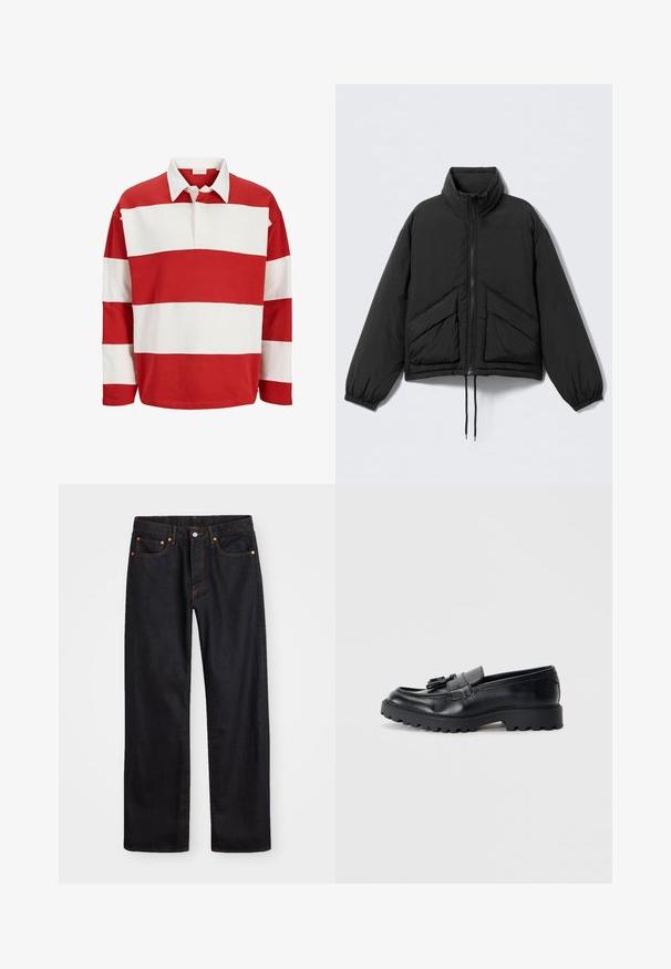 Veste noire matelassée avec col montant, fermeture éclair, poignets élastiqués et deux poches avant inclinées. Tissu lisse et léger.; Maillot de rugby à manches longues avec larges rayures horizontales rouges et blanches et col blanc, patte de boutonnage avant partiellement ouverte.; Jean en denim noir pour hommes, coupe droite, avec cinq poches et surpiqûres orange, fermeture par bouton et zip à la taille avant.; Mocassins en cuir noir avec une finition brillante, semelle en caoutchouc épaisse et détail de frange décoratif à l'avant.