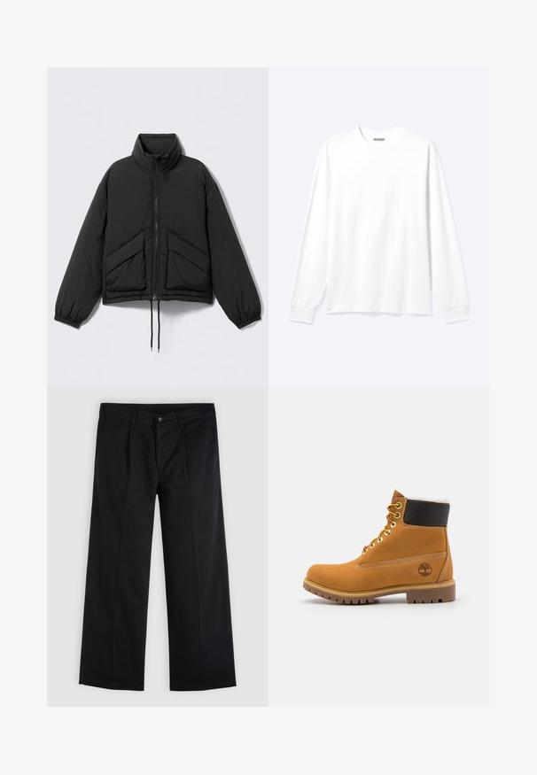 Schwarze, wattierte Jacke mit hohem Kragen, Reißverschluss, elastischen Bündchen und zwei schrägen vorderen Taschen. Glattes, leichtes Material.; Langärmliges, schlichtes weißes Hemd mit Rundhalsausschnitt und gerippten Bündchen, dargestellt auf einem neutralen hellen Hintergrund.; Schwarze Hose mit geradem Bein, vorne mit Knopf- und Reißverschluss, Seitentaschen und Gürtelschlaufen auf einfarbig hellem Hintergrund.; Braune Leder-Ankle-Boots mit Metallösen, weißem Kunstfellfutter, schwarzem gepolstertem Kragen, robustem Sohlenprofil und geprägtem Logo an der Seite.