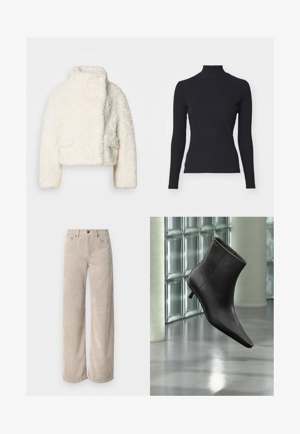 Hvid faux fur cropped jakke med høj krave, tekstureret overflade og to frontlommer. Har en afslappet pasform og blød stof.; Sort ribbet turtle-sweater med lange ærmer. Lavet af strækbart stof med en tætsiddende pasform og høj krave. Enkel design uden udsmykninger.; Beige corduroy bukser med vidde og lodrette striber, der har knaplukning og frontlommer. Blødt, tekstureret stof med en afslappet pasform.; Sort læderankelstøvle med spids tå og lille hæl vist mod en væg af glasblokke og poleret gulv baggrund.