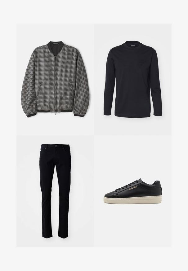 Chaqueta bomber texturizada en gris con un patrón geométrico. Presenta un cierre frontal con cremallera, cuello negro y puños y dobladillo elásticos.; Camiseta negra de manga larga hecha de algodón suave con cuello redondo. Presenta un diseño de logo oscuro y sutil en el pecho.; Pantalones de algodón negros de corte slim, con cierre de botón, trabillas para el cinturón, bolsillos delanteros y una textura suave.; Zapatilla de cuero negra con un acabado suave, suela crema en contraste, puntera redonda, logo dorado en el lateral y seis ojales para los cordones.