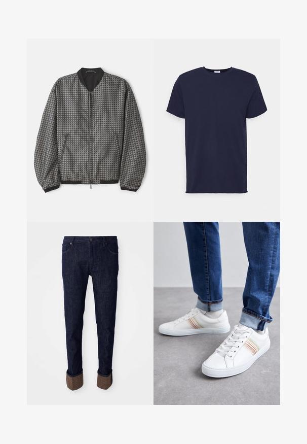 Textúrovaná bomber bunda v sivej farbe s geometrickým vzorom. Má zips vpredu, čierny golier a elastické manžety a spodný lem.; Námornícky modrá tričko krátky rukáv vyrobené z jemnej tkaniny. Obsahuje okrúhly výstrih a priame strih bez vzorov alebo akcentov.; Tmavomodré denimové nohavice so sviežim strihom, s rolovanými manžetami z textúrovaného hnedého materiálu s logom. Štandardný dizajn s piatimi vreckami.; Biele kožené tenisky s viacfarebnými prúžkami, šnurovací dizajn, gumená podrážka a polstrovaný golier, skombinované s modrými džínami.