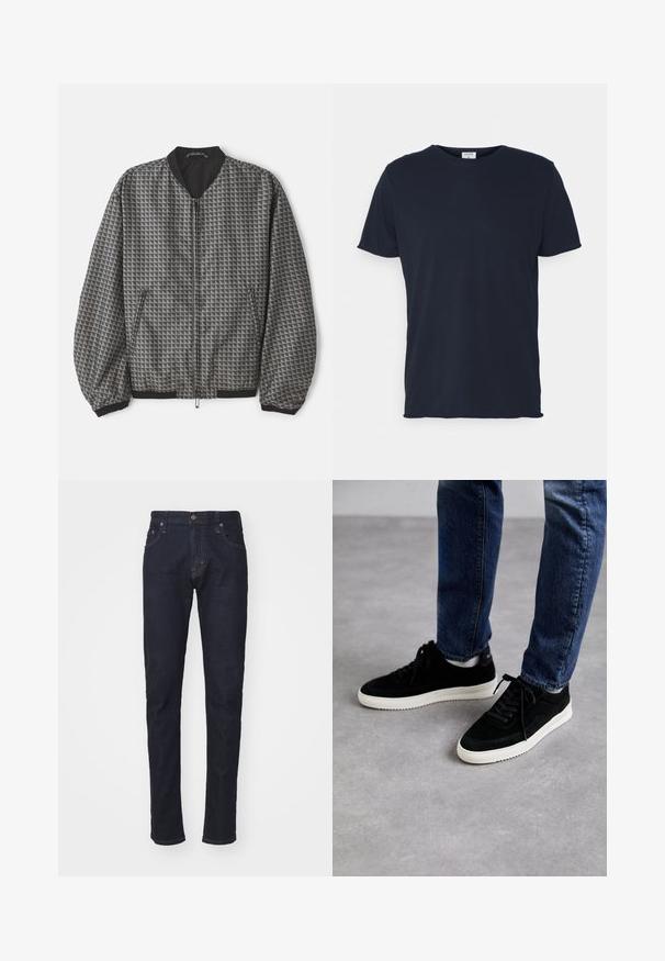 Texturierte Bomberjacke in Grau mit geometrischem Muster. Verfügt über einen Reißverschluss, einen schwarzen Kragen sowie elastische Bündchen und Saum.; Marineblaue Baumwoll-T-Shirt mit Rundhalsausschnitt und kurzen Ärmeln, mit einer glatten Oberfläche und einfachem Design, ohne sichtbare Muster oder Akzente.; Dunkelblaue Denim-Jeans mit schlankem Schnitt, Fünf-Taschen-Design und Knopfverschluss. Verfügt über kontrastierende Nähte und eine gerade Beinform.; Schwarze Wildledersneaker mit einer weißen Gummisohle, die ein klassisches Low-Top-Design, eine abgerundete Spitze und flache schwarze Schnürsenkel aufweisen.