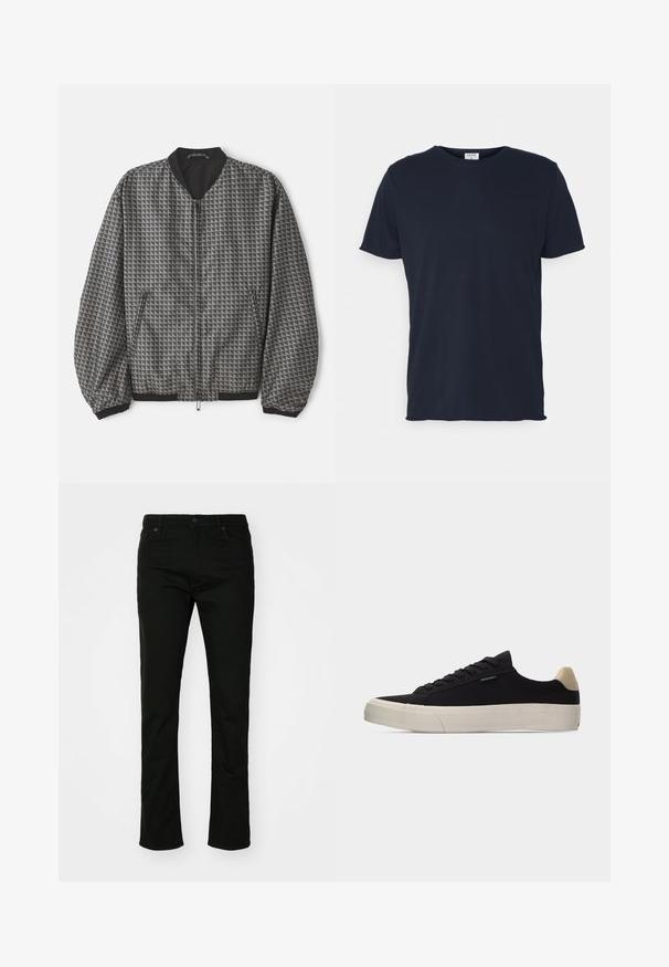 Texturierte Bomberjacke in Grau mit geometrischem Muster. Verfügt über einen Reißverschluss, einen schwarzen Kragen sowie elastische Bündchen und Saum.; Marineblaue Baumwoll-T-Shirt mit Rundhalsausschnitt und kurzen Ärmeln, mit einer glatten Oberfläche und einfachem Design, ohne sichtbare Muster oder Akzente.; Schwarze Denim-Jeans mit geradem Bein, fünf Taschen und Druckknopfverschluss. Glatte Textur mit dezenten Nähten.; Schwarzer Low-Top-Sneaker mit beigem Fersenlasche, weißer dicker Gummisohle, schwarzen Schnürsenkeln und kleinem "PS Paul Smith"-Label an der Seite.