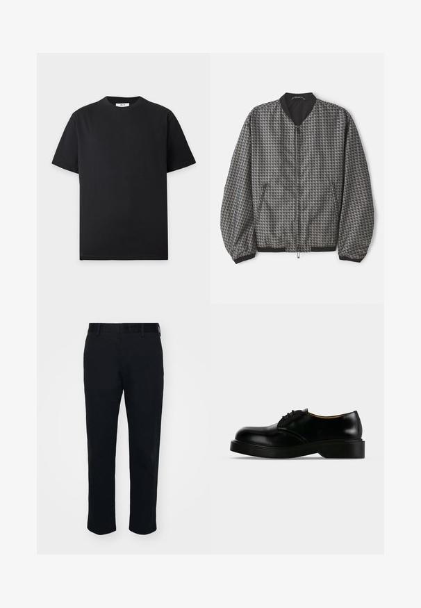 Veste bomber texturée en gris avec un motif géométrique. Dotée d'une fermeture éclair sur le devant, d'un col noir et de poignets et d'un ourlet élastiqués.; T-shirt noir uni à manches courtes et col rond avec une petite étiquette blanche à l'intérieur du col sur un fond gris clair.; Pantalons noirs avec un design à jambe droite, fabriqués à partir d'un tissu lisse. Présentent une taille et des passants de ceinture, sans poches visibles ni motifs.; Chaussure de ville noire en cuir poli à lacets, avec une semelle épaisse, un bout arrondi et un petit talon, montrée de profil sur un fond uni.