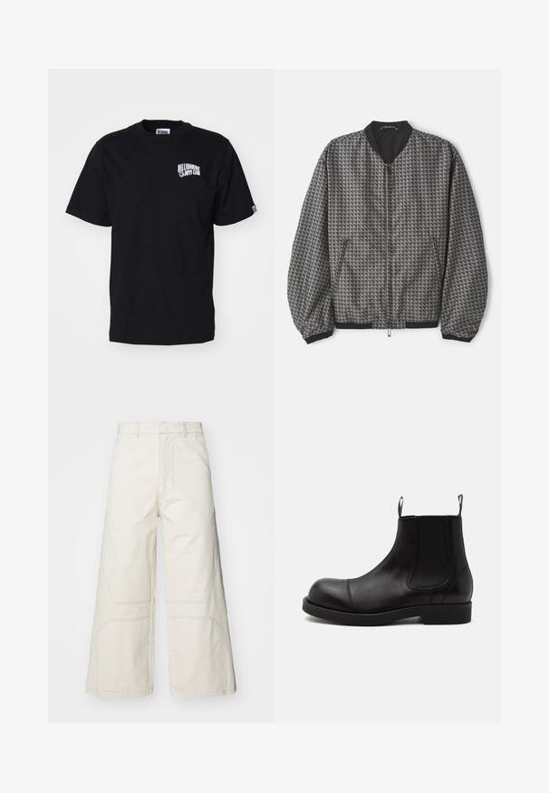 Chaqueta bomber texturizada en gris con un patrón geométrico. Presenta un cierre frontal con cremallera, cuello negro y puños y dobladillo elásticos.; Camiseta de algodón negra con cuello redondo y mangas cortas. Presenta un logo impreso blanco en el área del pecho izquierdo. Diseño simple, corte estándar.; A-COLD-WALL* FORMAT PANT - Pantalones - beige bone; Bota Chelsea de cuero negro con punta redondeada, paneles laterales elásticos, tiradores delante y detrás, suela plana, mostrada de lado sobre fondo blanco.