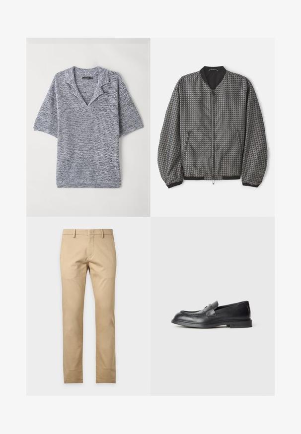 Veste bomber texturée en gris avec un motif géométrique. Dotée d'une fermeture éclair sur le devant, d'un col noir et de poignets et d'un ourlet élastiqués.; Pull à manches courtes en tricot texturé, avec un col en V et une couleur gris-bleu avec un motif subtil. Matériau doux et léger.; Pantalon beige slim-fit avec passants pour ceinture et poches avant, présenté sur un fond blanc uni.; Mocassins en cuir noir avec une finition texturée, dotés d'une bride décorative à l'avant et d'un bout arrondi. Semelle en caoutchouc pour plus de durabilité.