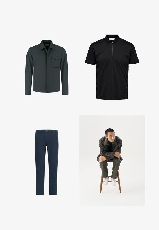Chaqueta verde oscuro de manga larga con cierre frontal de botones y un bolsillo en el pecho con botón, con cuello clásico y dobladillo recto.; Polo negro de manga corta con cuello con cremallera y puños texturizados, mostrado sobre un fondo blanco.; Chinos de color azul marino fabricados en una mezcla de algodón, con cierre de botón, piernas rectas y una textura suave sin estampados ni acentos.; Joven con chaqueta de cuero oscura y vaqueros sentado en un taburete de madera, inclinado hacia adelante con los brazos cruzados, mirando hacia un lado contra un fondo blanco.