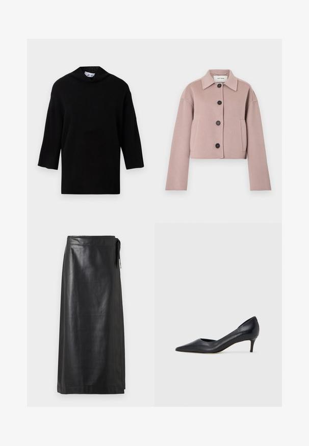 Veste courte en laine mauve clair avec manches longues, boutons noirs sur le devant, poches latérales et col pointu.; Pull en tricot noir avec un col haut et des manches courtes et larges. Texture lisse, design minimaliste et coupe carrée.; Jupe en cuir noir avec une texture lisse, design long et droit, et un détail de nœud sur le côté à la taille. Bords nets avec une couture minimale.; Escarpin en cuir noir avec un bout pointu et un talon bas. Présente une texture lisse et un éclat subtil. Découpe ouverte à l'avant pour un détail supplémentaire.