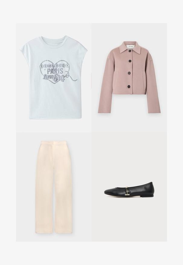 Veste courte en laine mauve clair avec manches longues, boutons noirs sur le devant, poches latérales et col pointu.; T-shirt en coton bleu clair à manches courtes, arborant un graphique en forme de cœur orné d'un lettrage métallique : "QUELQU'UN À PARIS M'AIME."; Pantalon crème taille haute, jambes larges, avec une fermeture devant dissimulée et une texture de tissu lisse.; Ballerine en cuir noir avec un petit détail en métal doré en forme de mors de cheval sur le côté et une semelle plate.
