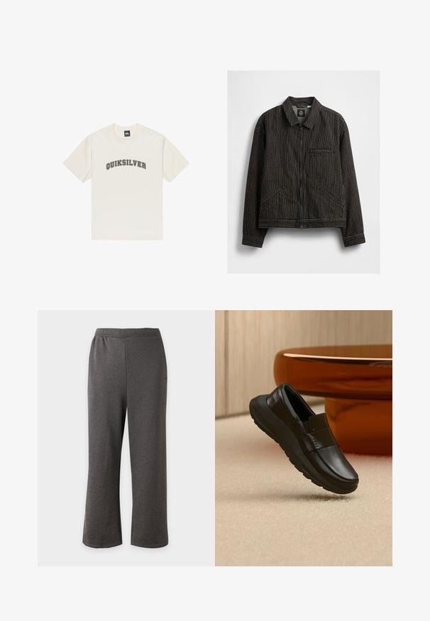 Schwarze Zip-Jacke mit weißen vertikalen Nadelstreifen, ausgestattet mit einem Kragen, zwei Seitentaschen und einer Brusttasche mit Paspel.; Cremfarbendes Baumwoll-T-Shirt mit kurzen Ärmeln und rundem Halsausschnitt. Mit dem „QUIKSILVER“-Logo in Schwarz, das über die Brust gedruckt ist.; Gerade geschnittene dunkelgraue Hose mit elastischem Bund, aus weichem, dehnbarem Stoff, vor einfachem hellem Hintergrund.; Schwarzer Ledermokassin mit dicker Sohle, dargestellt über beigem Teppich und nahe einer runden bernsteinfarbenen Tischbasis.
