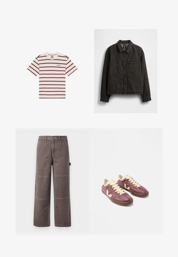 Sort lynlåsjakke med hvide lodrette striber, med krave, to sidelommer og en brystlomme.; Kortærmet T-shirt med vandrette maroon- og cremefarvede striber, med "Dickies" logo broderet på venstre bryst.; Bredde ben bukser i en falmet brun farve, lavet af holdbart stof med kontrasterende syninger. Har paneldetaljer og en sidelomme.; Par af lavtopede sneakers i bordeaux tekstiler med cremefarvede snørebånd, hæl og logo samt mørke gummisåler vist på hvid baggrund.
