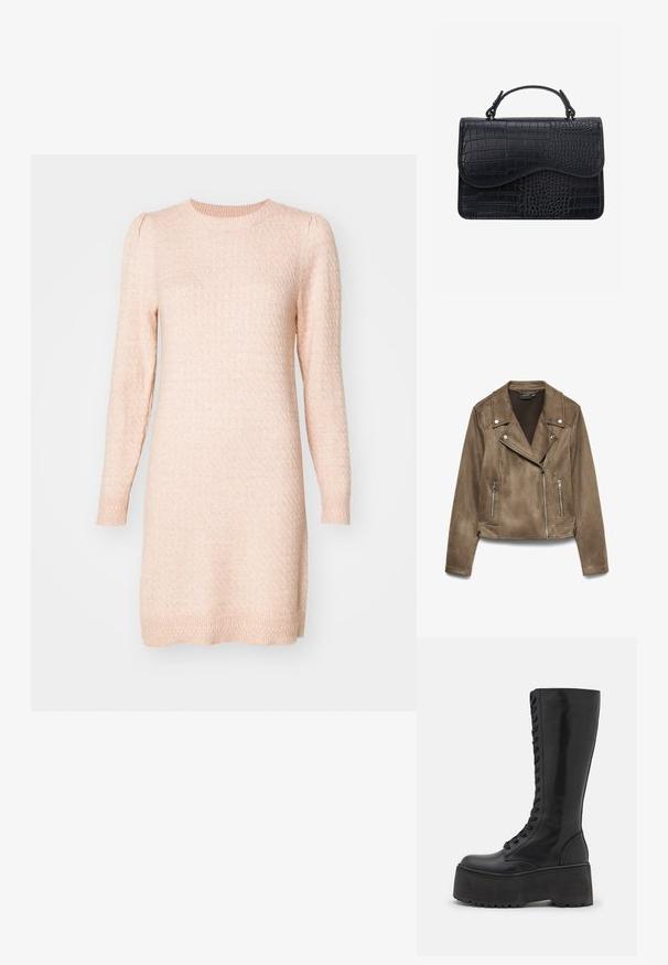 Brun ruskind cropped bikerjakke med sølv lynlåse og trykknapper på kraven og forlommer, vist på hvid baggrund.; Langærmet, rundhalset sweaterkjole i blød lyserød. Struktureret strik med subtile hævede mønstre, tætsiddende manchetter og lige silhuet.; Zign by Zalando LEATHER - Snørestøvler - black; Sort læderhåndtaske med krokodilletekstur, rektangulær form, buet klap og kort øverste hank.