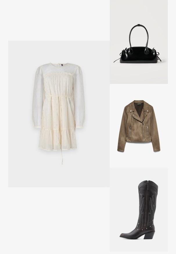Veste courte de motard en daim marron avec fermetures éclair argentées et boutons-pression sur le col et les poches avant, présentée sur fond blanc.; Robes crème avec de longues manches bouffantes en voile, un corsage froncé et une jupe à niveaux. Présente des accents subtils en argent et une taille à cordon.; Bottes de cowboy en cuir marron avec surpiqûres en forme de flammes, fermeture éclair latérale, clous argentés, bout pointu et talon superposé.; Petit sac à main noir brillant avec deux longues anses et des détails à cordon sur les côtés sur un fond clair uni.