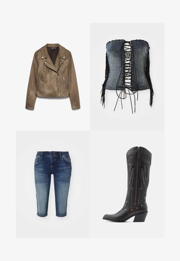 Veste courte de motard en daim marron avec fermetures éclair argentées et boutons-pression sur le col et les poches avant, présentée sur fond blanc.; Corset sans bretelles en denim avec un devant lacé noir, œillets en argent et accents de franges noires sur les côtés. Présente une coupe structurée et une texture vieillie.; Bermudas en denim bleu foncé avec une finition délavée, comportant cinq poches, une fermeture à double bouton et un design à jambes droites.; Bottes de cowboy en cuir marron avec surpiqûres en forme de flammes, fermeture éclair latérale, clous argentés, bout pointu et talon superposé.