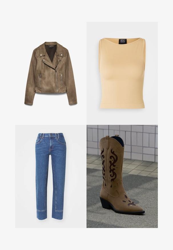 Korte bruine suède bikerjas met zilveren ritsen en drukknopen op de kraag en voorzakken, weergegeven op een witte achtergrond.; Beige, geribbelde mouwloze crop top met een ronde halslijn en een getailleerd silhouet. Het materiaal lijkt glad en rekbaar. Het label is zichtbaar bij de halslijn.; Blauwe spijkerbroek met een rechte pasvorm, vijf zakken en contrasterende stikseldetails. De stof heeft een lichte textuur en een klassieke afwerking.; Beige suède cowboylaars met donkerbruine decoratieve uitsneden en stiksels, staand op het trottoir voor een betegelde muur.